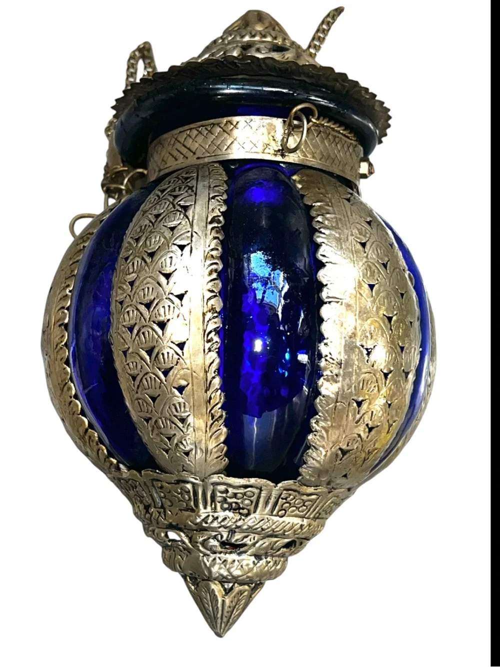 Moroccan-Style Hanging Lantern - Cobalt Blue and Brass
